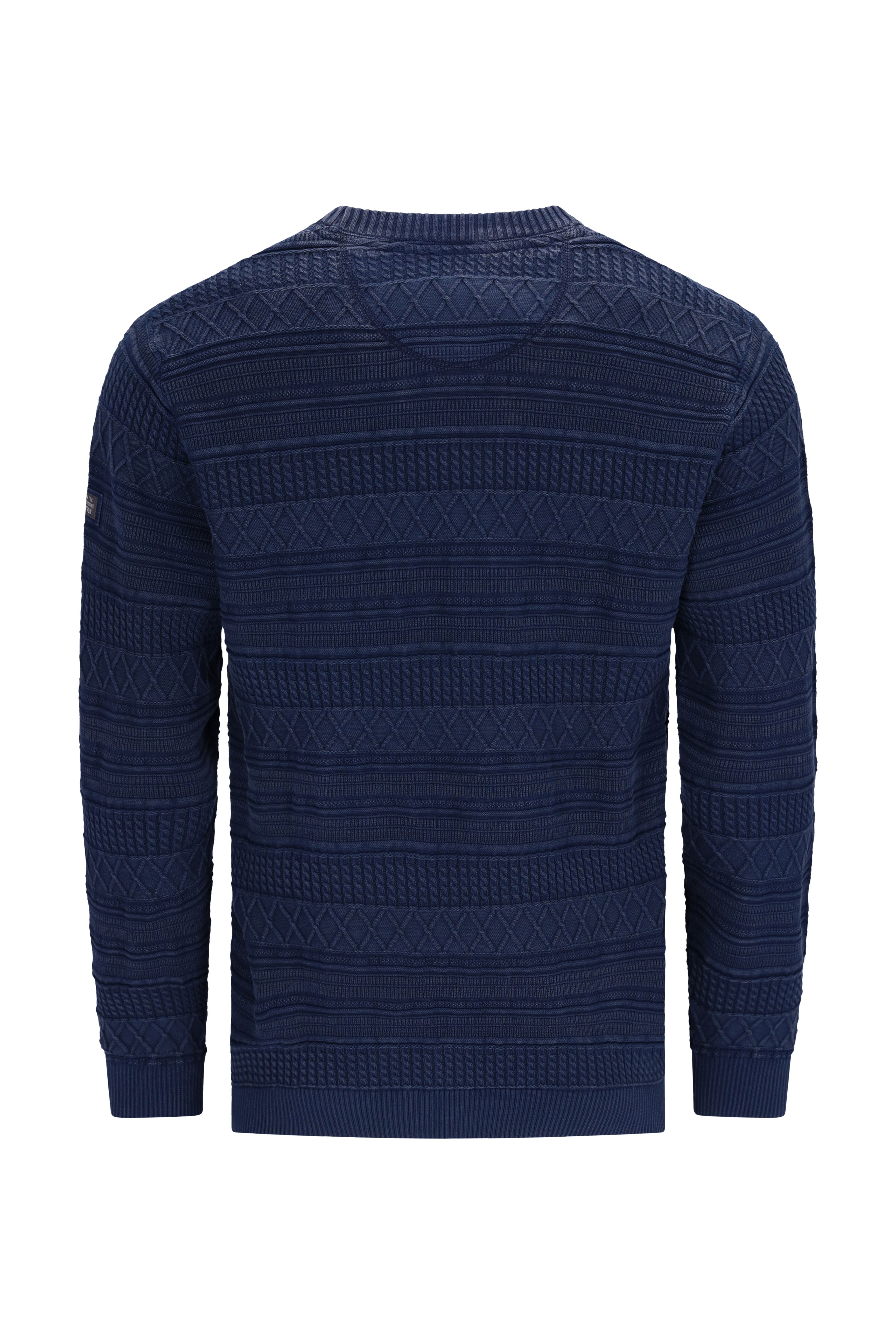 Navyblauer rundhalspullover mit allover strukturiertem geometrischem muster in gewaschener optik