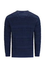 Navyblauer rundhalspullover mit allover strukturiertem geometrischem muster in gewaschener optik