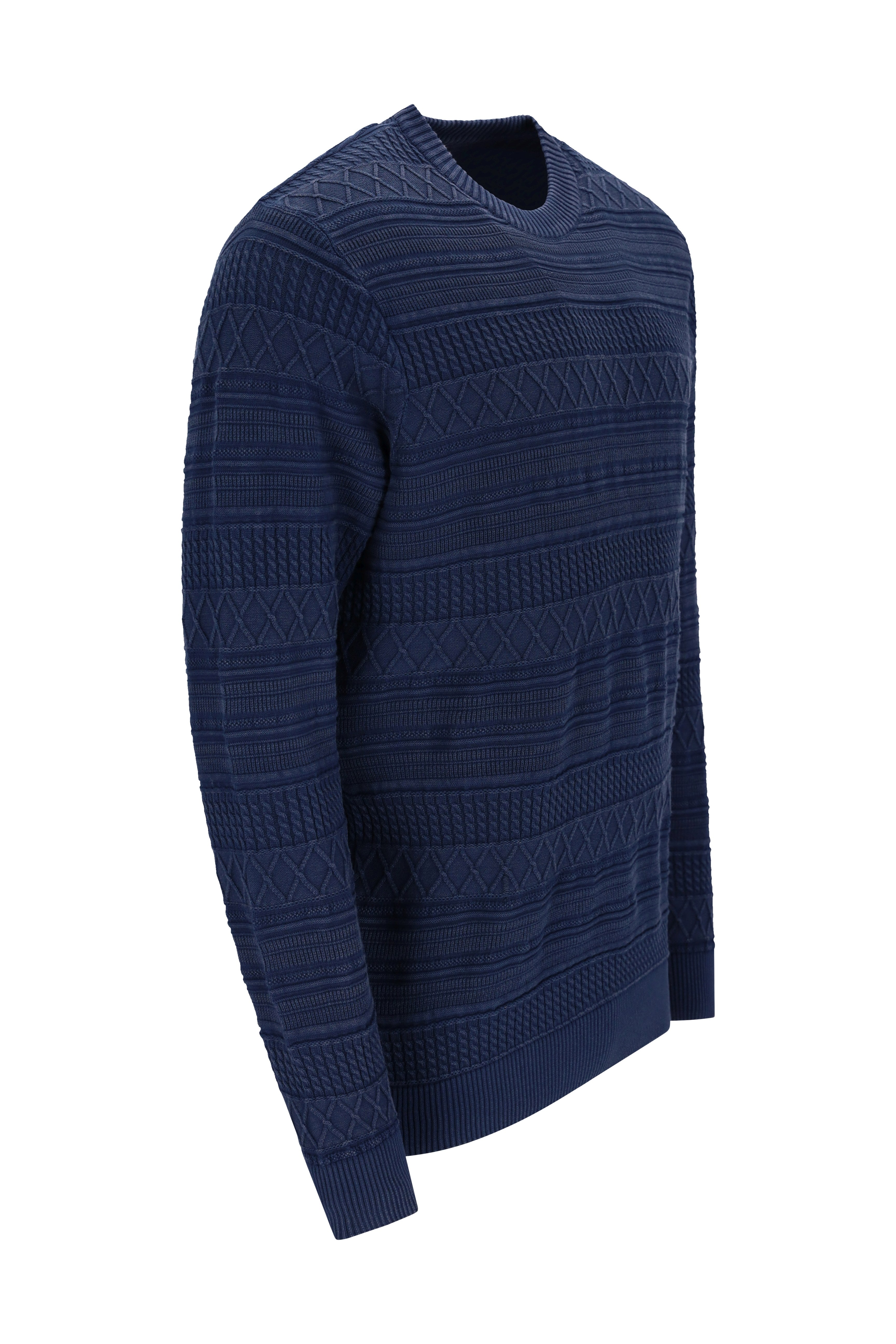Navyblauer rundhalspullover allover strukturiert mit geometrischem muster in gewaschener optik aus strukturierter strickware