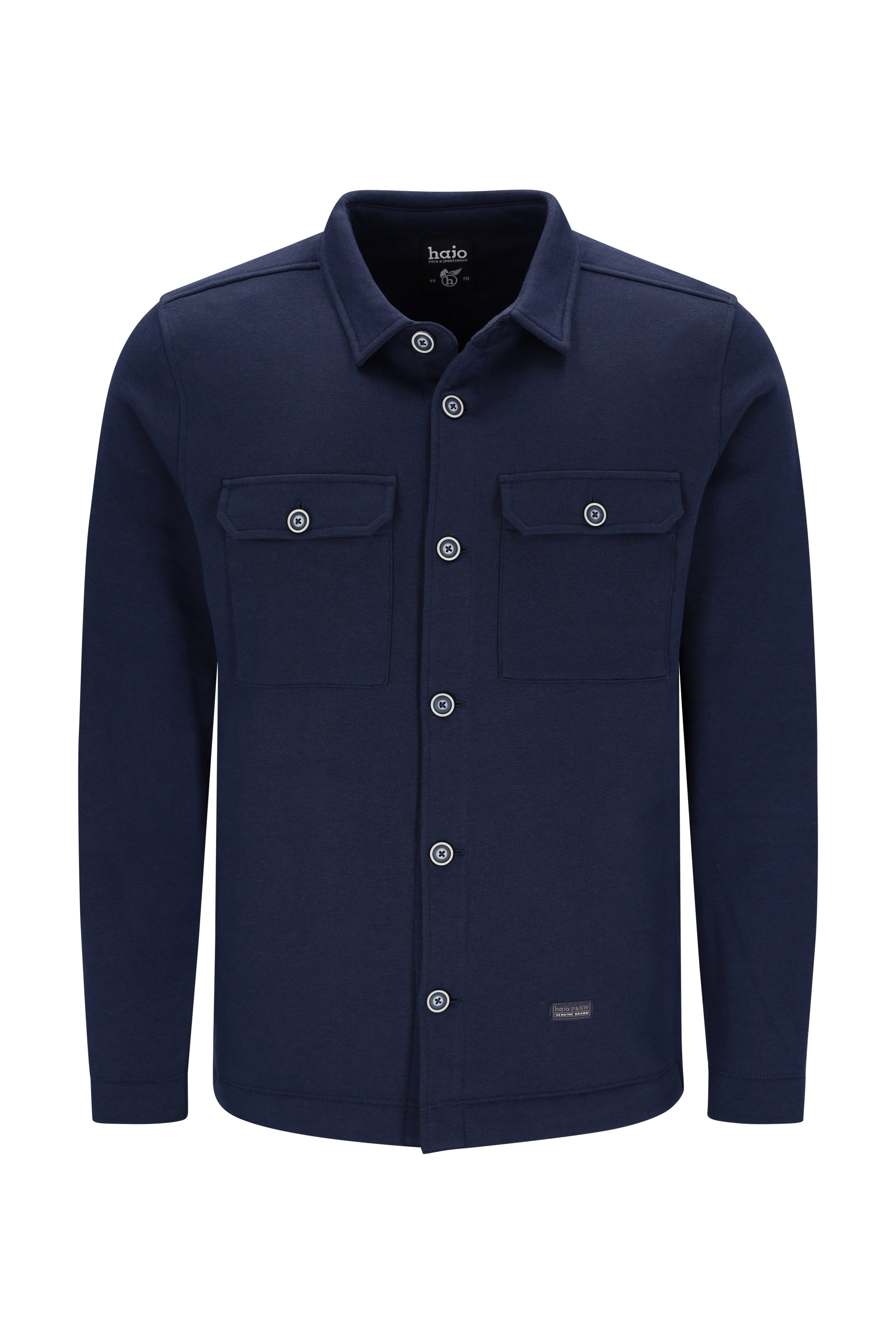 Navyblaues langärmeliges sweat-overshirt mit knöpfen und zwei brusttaschen aus unifarbenem stoff