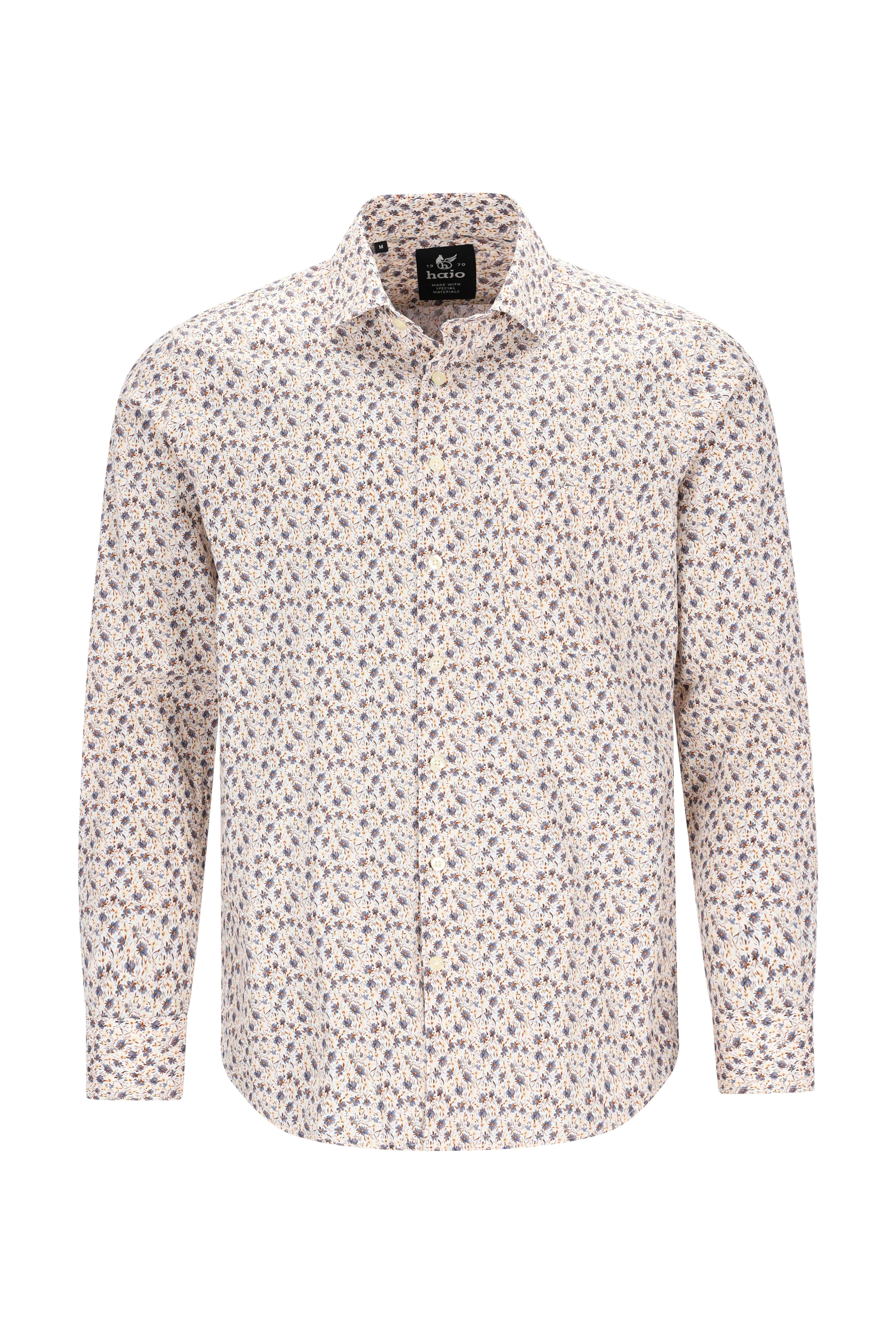 Ein herren langarm popeline-hemd in creme mit kleinem dunkelgrauem floralem digitaldruck und klassischem kragen und manschetten