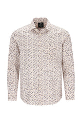 Ein herren langarm popeline-hemd in creme mit kleinem dunkelgrauem floralem digitaldruck und klassischem kragen und manschetten