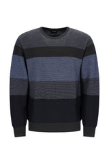 Hugo herren rundhalspullover mit zweiton streifen in navy und charcoal aus italienischer strickware