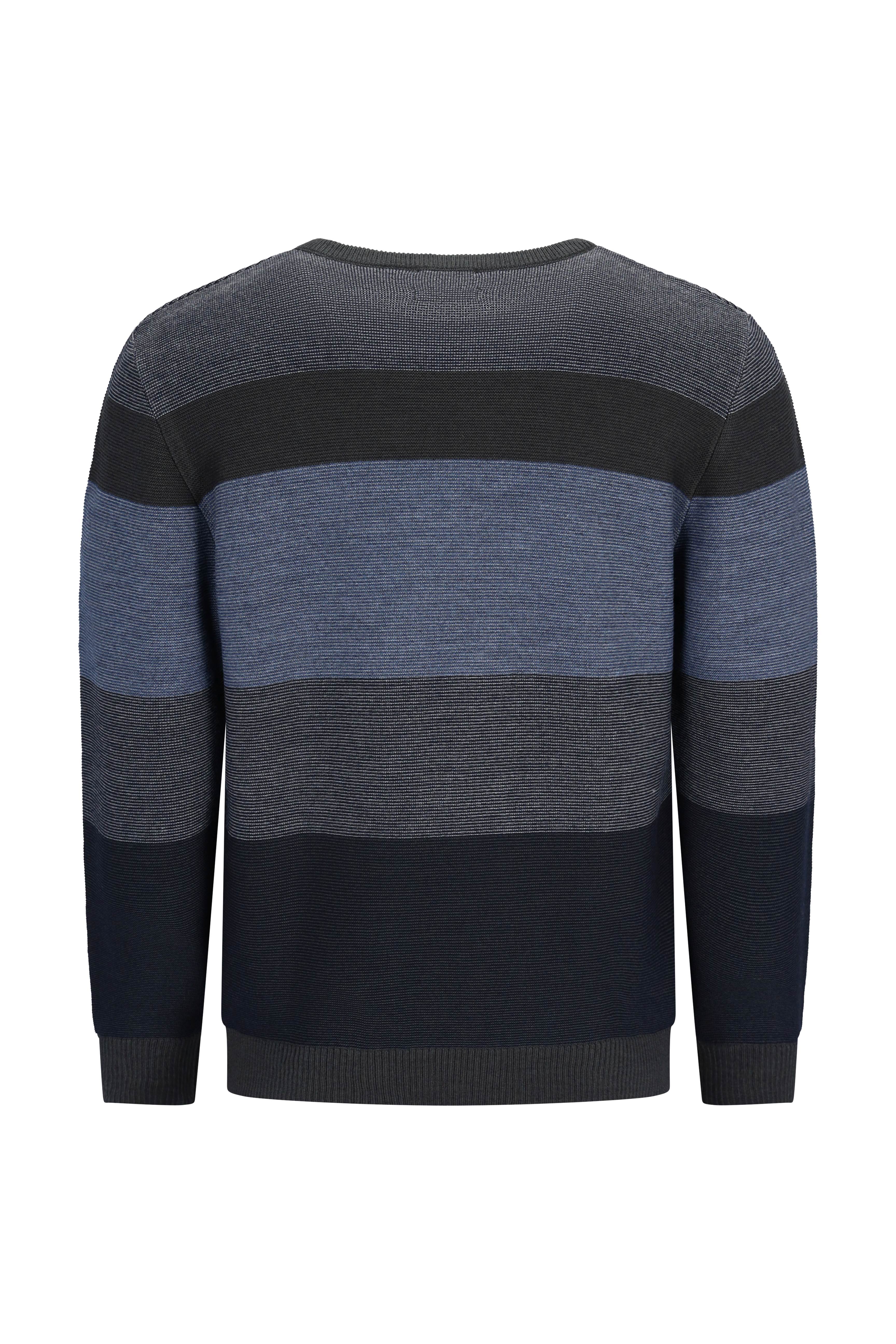 Männer rundhalspullover in zweiton streifen mit strukturstrick in navy, charcoal und blau, made in italy
