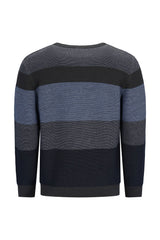 Männer rundhalspullover in zweiton streifen mit strukturstrick in navy, charcoal und blau, made in italy