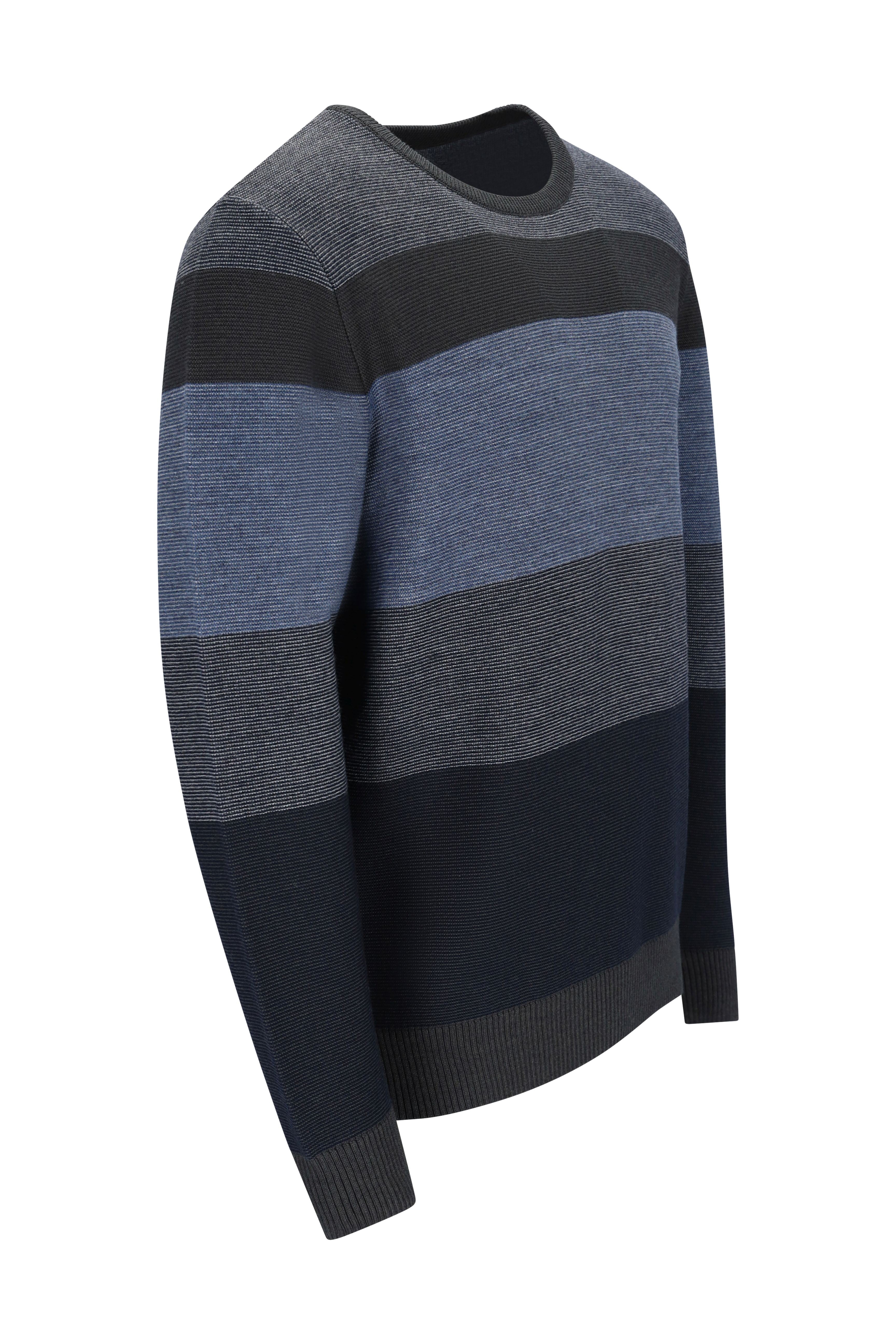 Rundhalspullover in zweiton-streifen mit langen ärmeln navy grau und blau aus italien mit rippenstrick am kragen und ärmeln