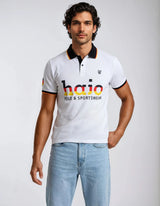 Weißes Poloshirt Hajo Fanshirt mit schwarz-orange Saum und bunter Hao-Logo