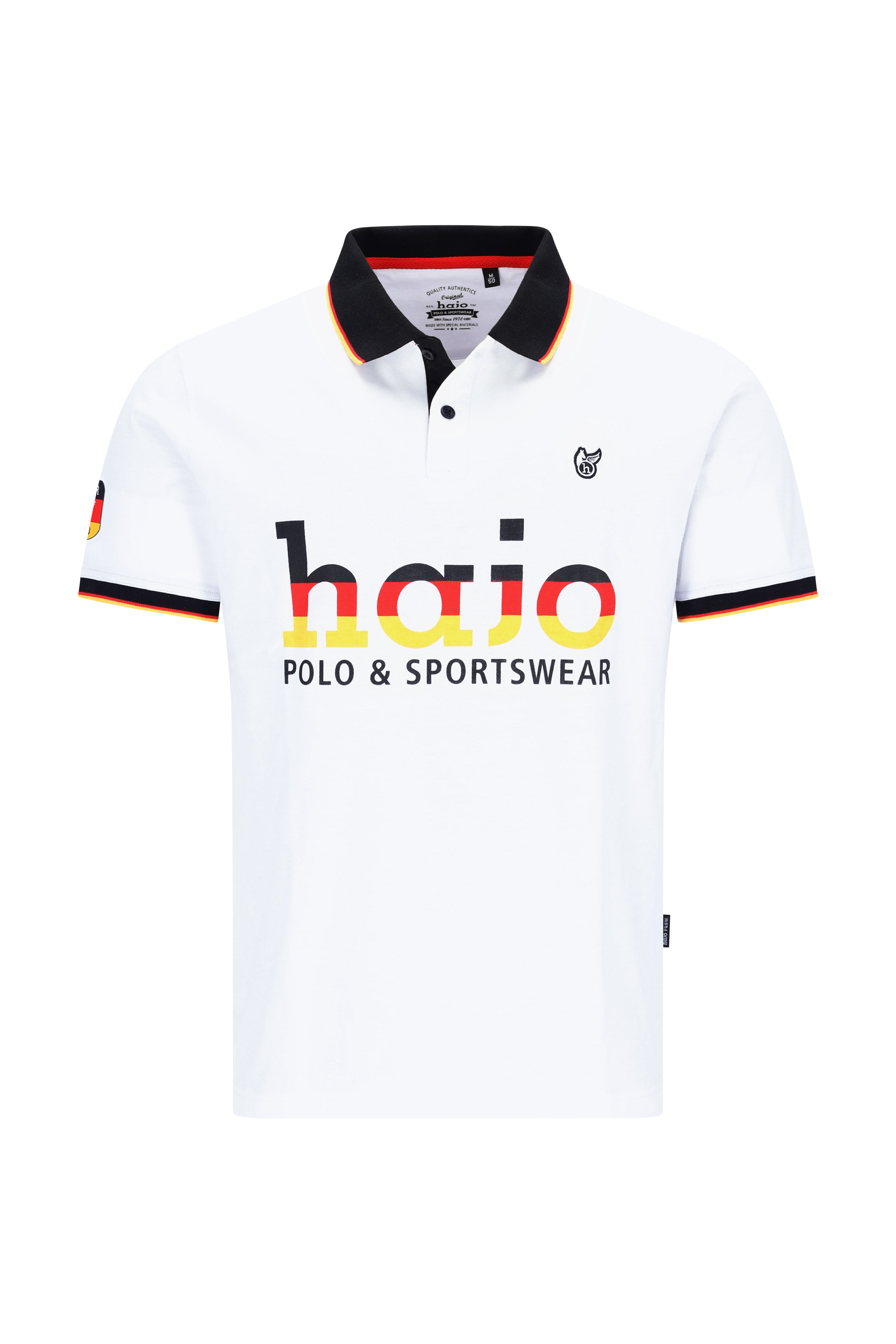 Weißes Hajo Fanshirt Polo mit schwarz-roter Borte und Gradient-Logo