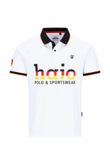 Weißes Hajo Fanshirt Polo mit schwarz-roter Borte und Gradient-Logo