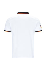 Hajo Fanshirt: weißes Poloshirt mit schwarz-orange Abnähern