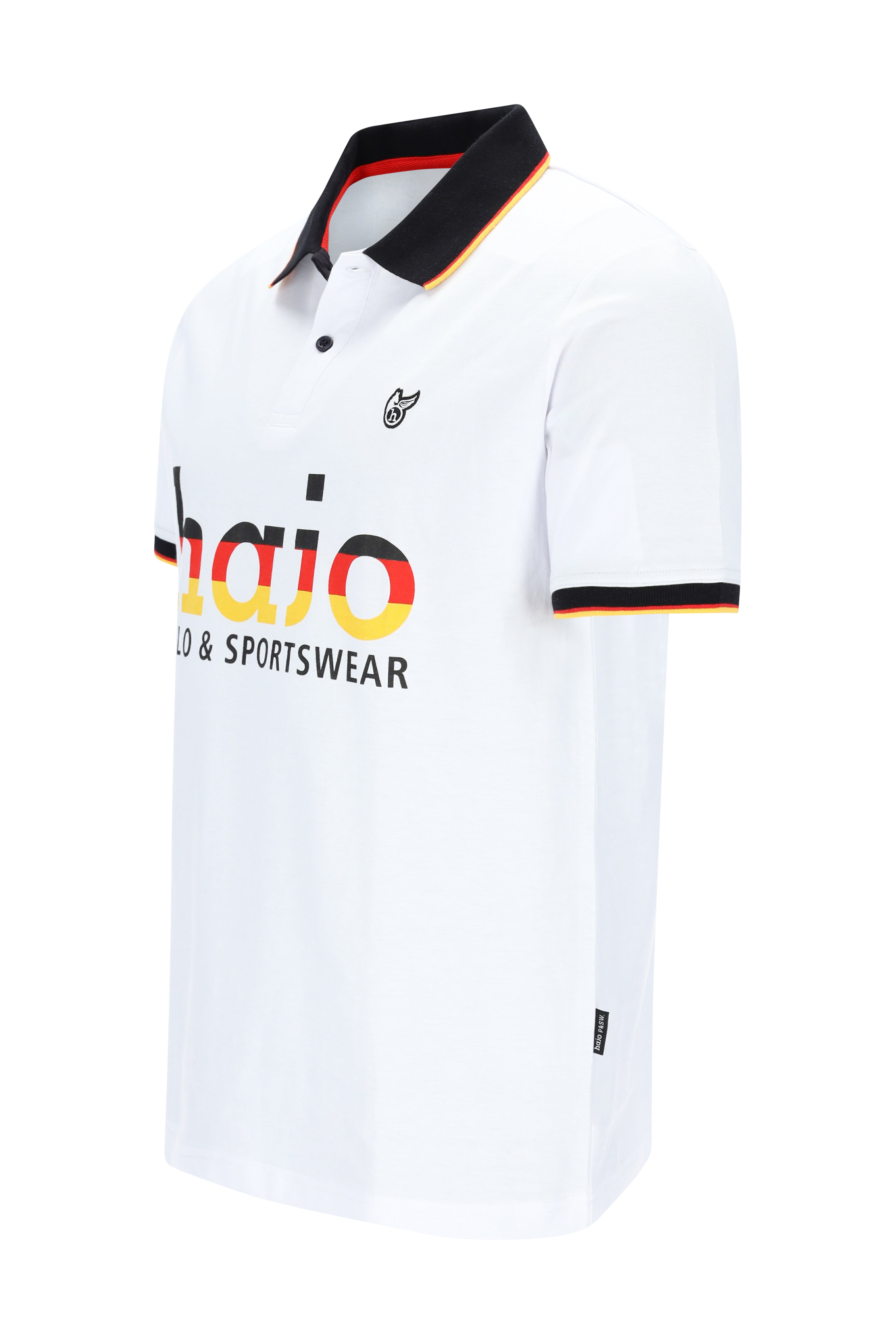 Weißes Hajo Fanshirt mit schwarzem Kragen, gelben Streifen und Logo in Flaggenfarben