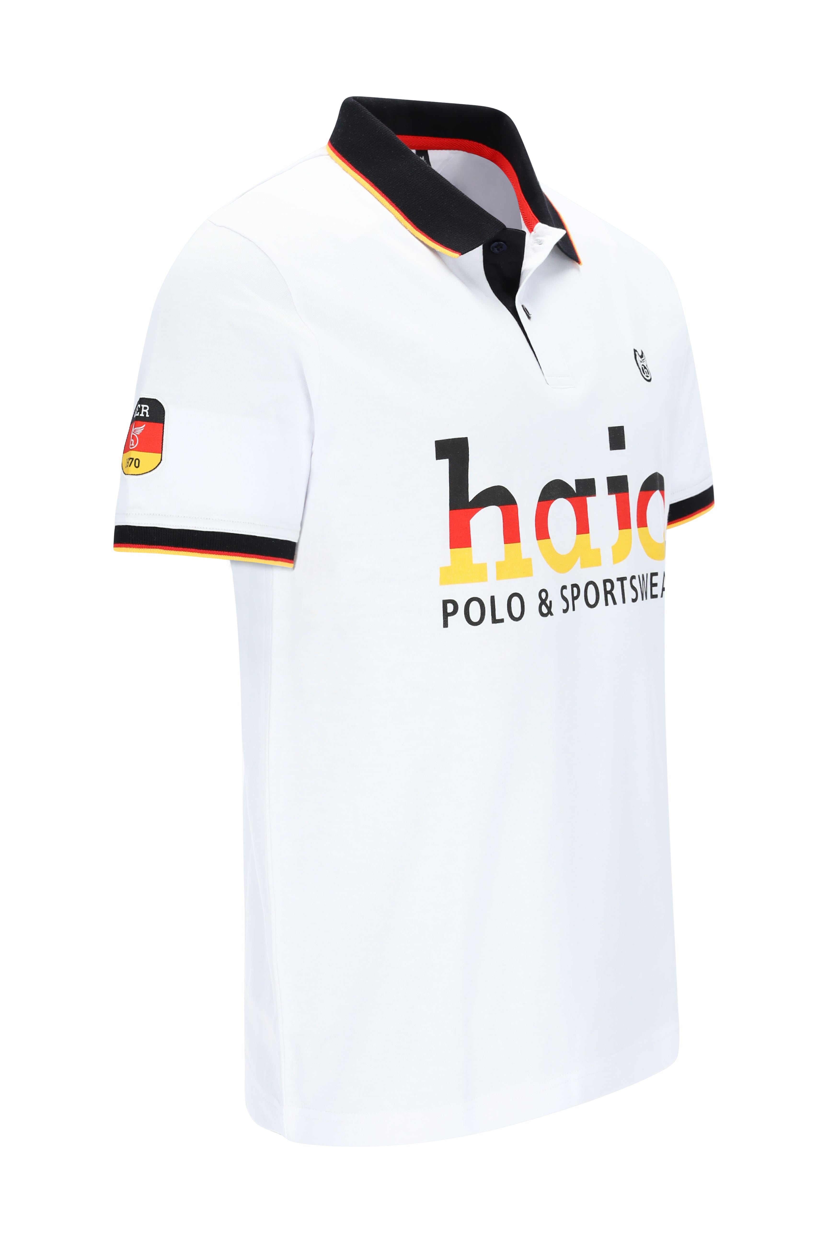 Hajo Fanshirt: Weißes Poloshirt mit Schwarz-Orange-Trim, DE-Flaggenpatch und Hajic-Branding