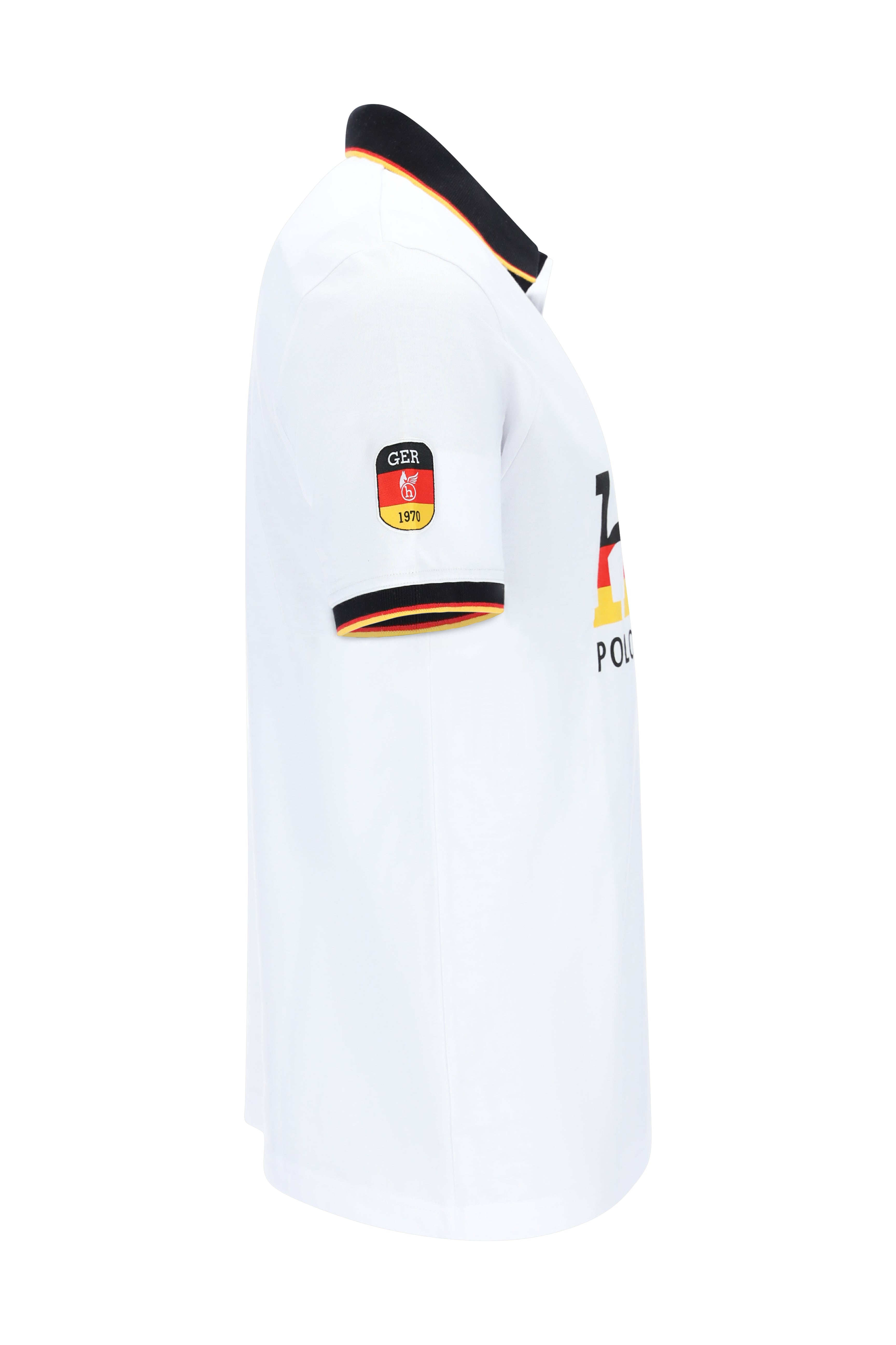 Hajo Fanshirt: weißes Poloshirt mit schwarz-orange Saum und DFB-Patch