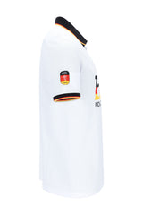 Hajo Fanshirt: weißes Poloshirt mit schwarz-orange Saum und DFB-Patch