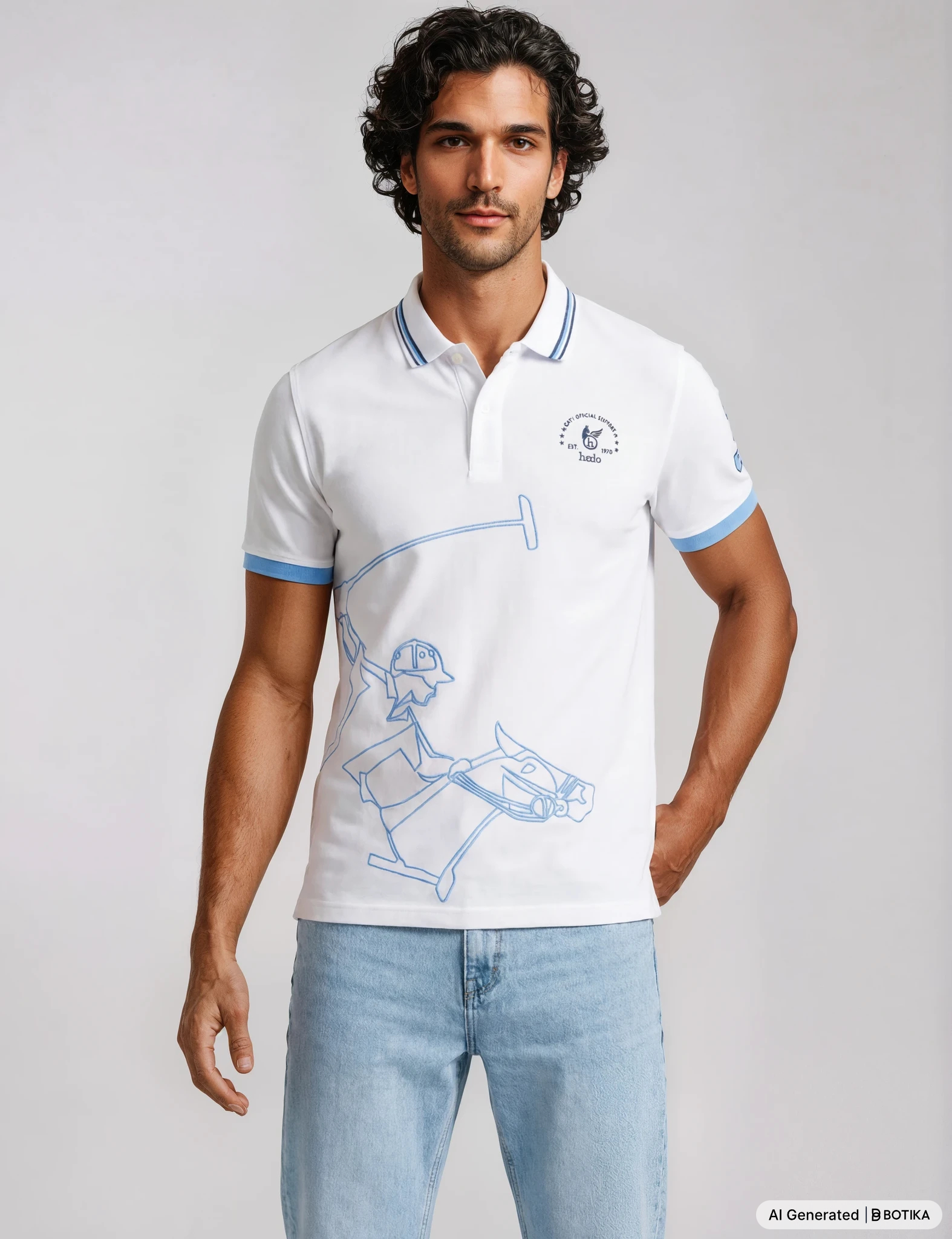 Weißes poloshirt mit hellblauen akzenten und pferdereiter grafik im polopique el polista stil von hajo mode