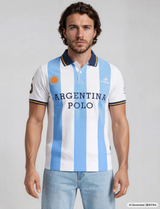Leichtblau-weiß gestreiftes polo el polista shirt mit navy kragen, argentina polo text und sonnenemblem