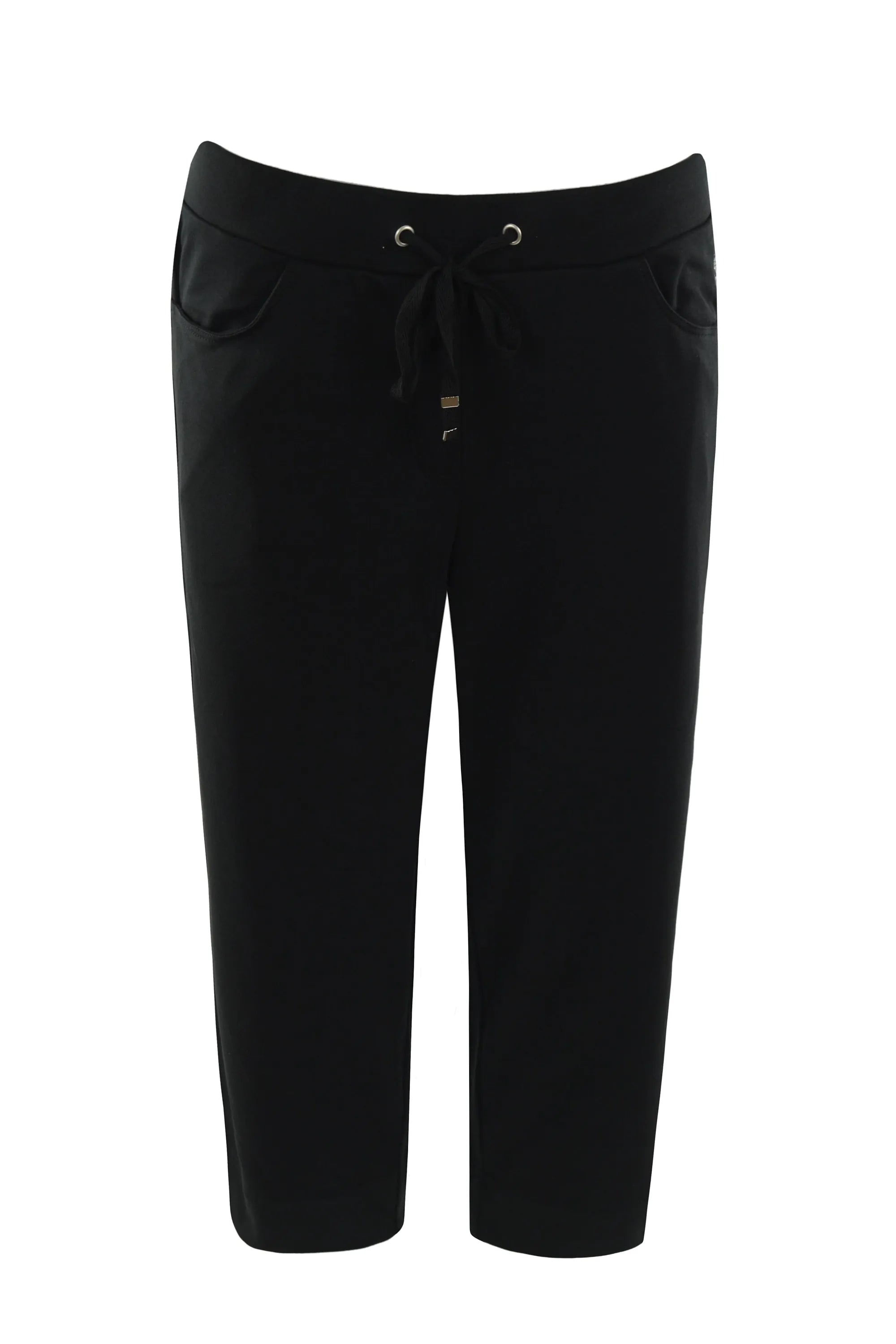 Schwarze Hose mit Kordelzug in der Taille und Taschen, wahrscheinlich aus Baumwolle oder einem Polyestergemisch.