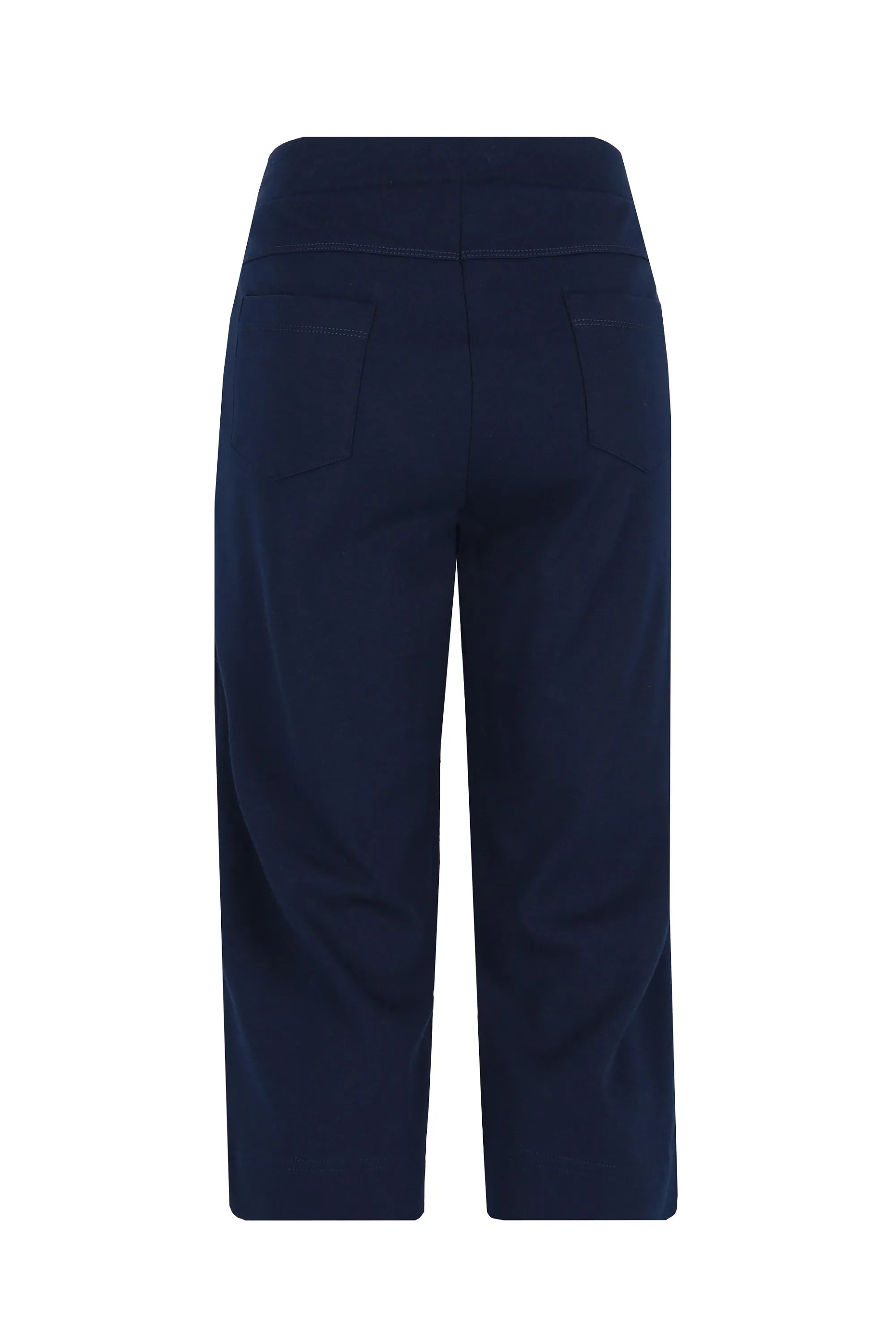 Marineblaue abgeschnittene Yogahose mit hohem Bund und elastischem Material.
