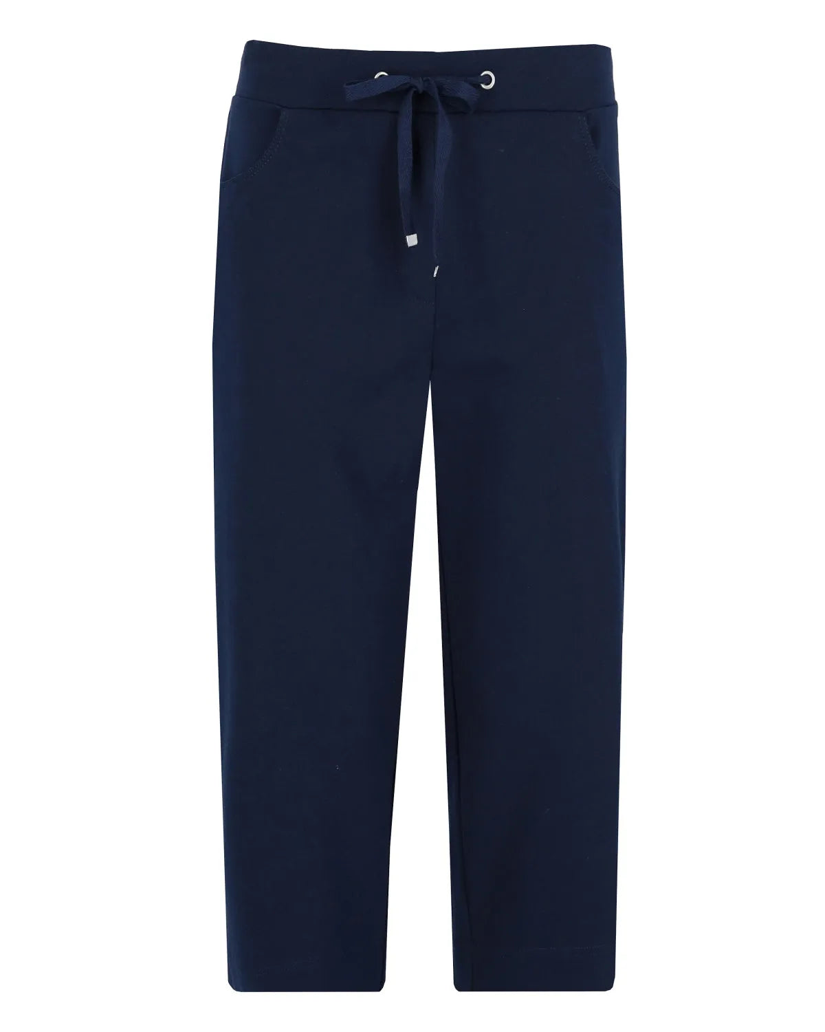 Marineblaue Kordelzughose mit elastischem Bund und Taschen.