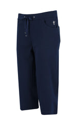 Marineblaue Hose mit Kordelzug, Seitentaschen und kleinem Logo auf dem linken Bein.