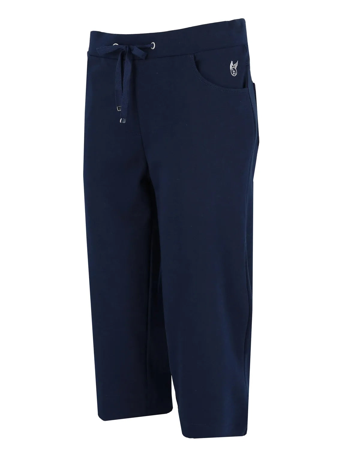 Marineblaue Hose mit Kordelzug und kleinem gesticktem Logo auf dem linken Bein.