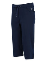 Marineblaue Hose mit Kordelzug und kleinem gesticktem Logo auf dem linken Bein.