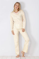 Cremefarbener gepunkteter Schlafanzug mit Oberteil mit V-Ausschnitt