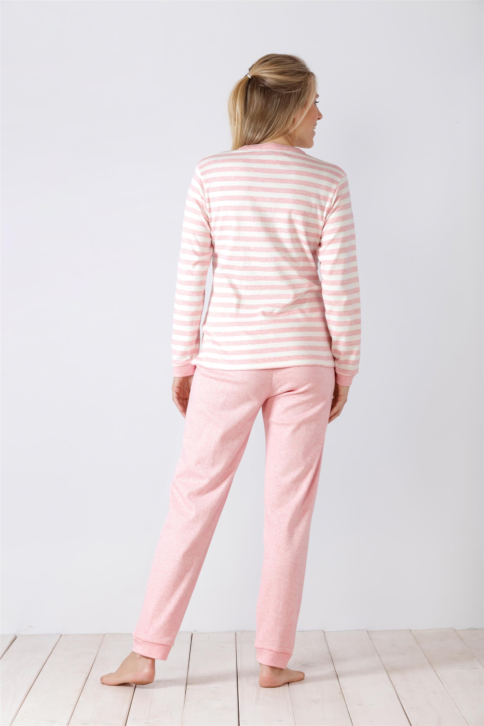 Rosa-weiß gestreiftes Damen-Pyjama-Set mit langen Ärmeln
