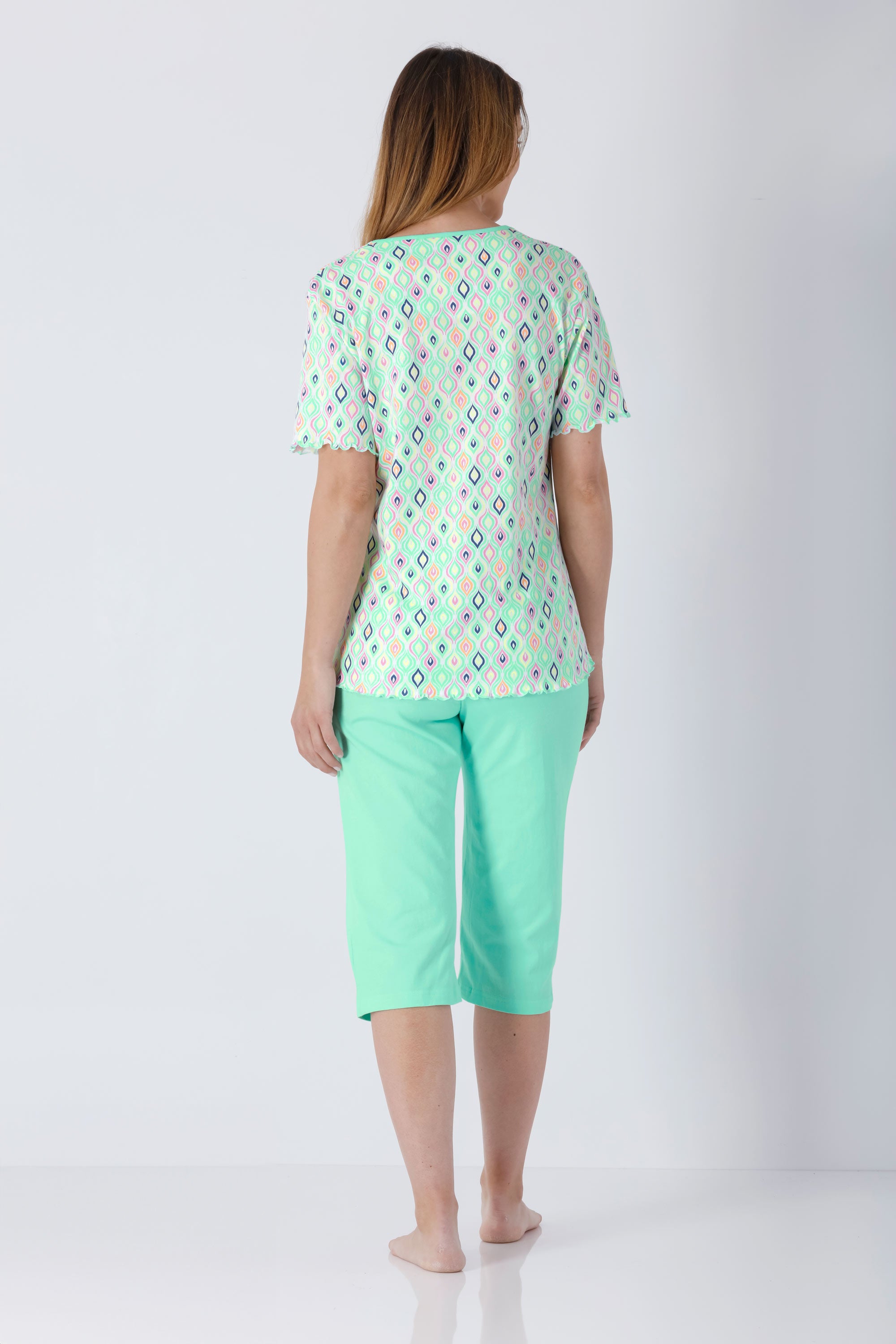 Mintgrüner kurzärmliger Damen-PJ-Top Capri Premium Cotton mit Pastellmuster