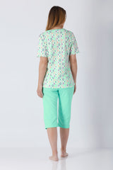 Mintgrüner kurzärmliger Damen-PJ-Top Capri Premium Cotton mit Pastellmuster