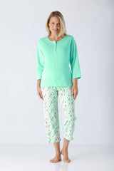 Damen Schlafanzug 7/8 Premium Cotton in Minzgrün mit geometrischem Muster