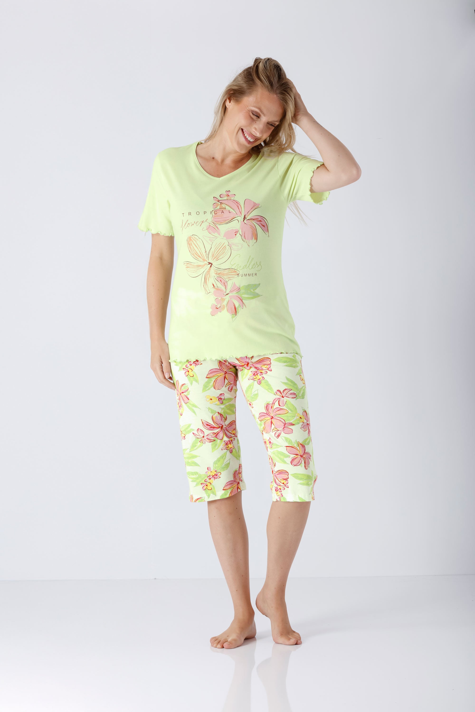 Damen Schlafanzug Capri Premium Cotton TENCEL Modal in Limettengrün Tropenfloral