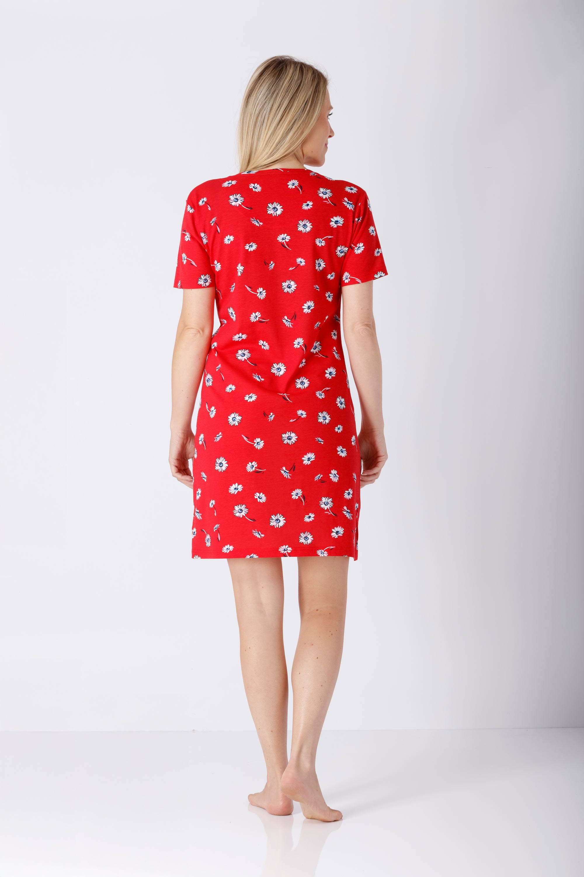 Rotes Damen-Schlafshirt Premium Cotton/TENCEL™ Modal mit weißem Gänseblümchenmuster