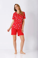 Roter Blumen-Schlafanzug Shorty Damen aus Premium Cotton TENCEL Modal