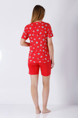 Roter kurzärmliger Damen-PJ-Top mit weißen Gänseblümchen, Premium Cotton/TENCEL™ Modal
