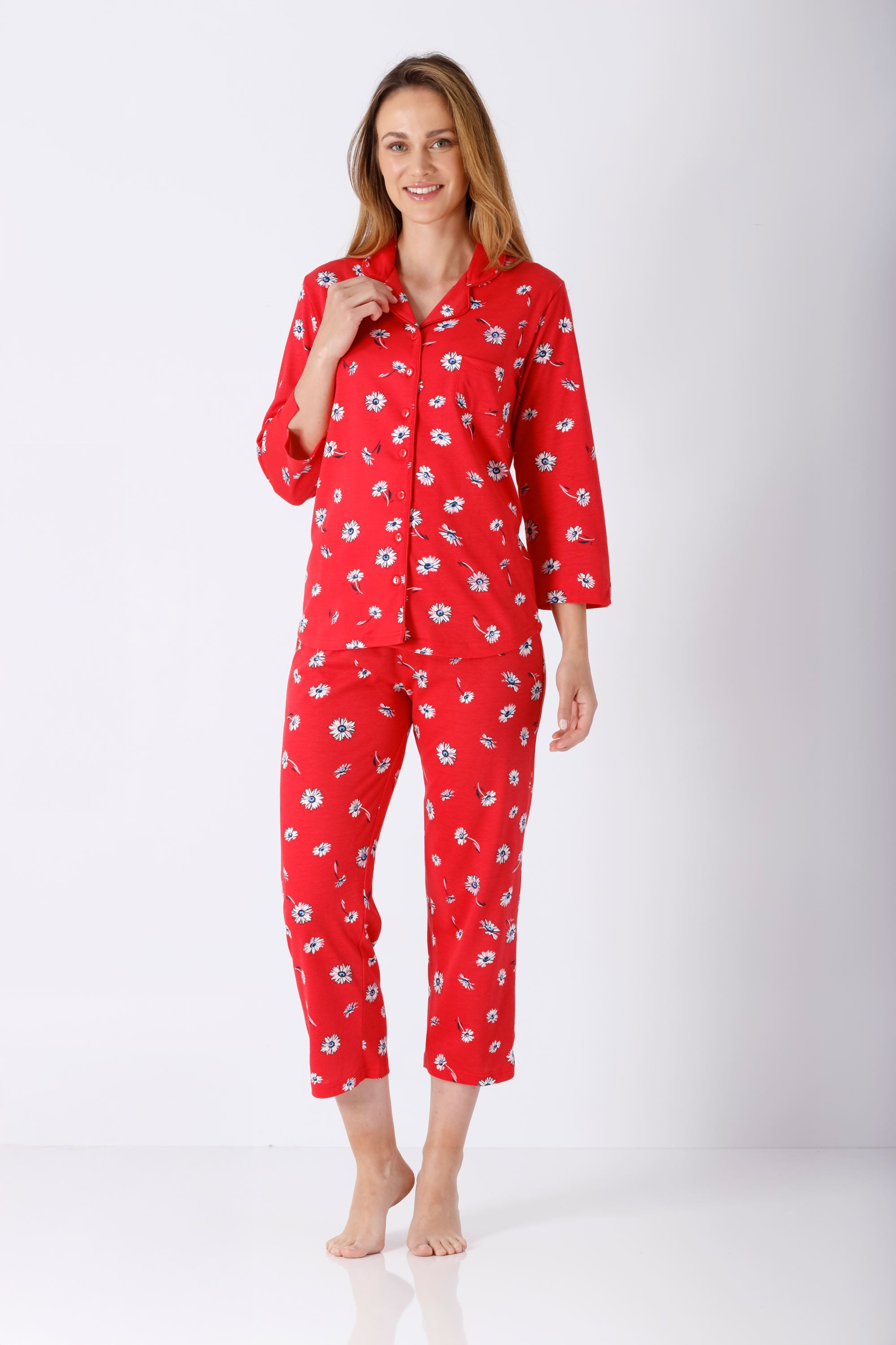 Damen Schlafanzug 7/8 Pyjama mit weißem Gänseblümchenmuster