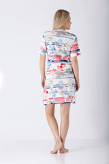 Damen Sleepshirt Premium Cotton/TENCEL™ Modal: Nachthemd mit weißem Grund und rosa Blumenstreifen