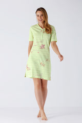 Damen Sleepshirt Klima-Light grün gestreift mit Blumenmuster