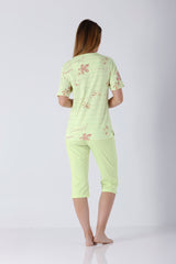 Damen Schlafanzug Capri Klima-Light in Limettengrün mit rosa Blumenprint