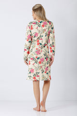 Damen nachthemd 105 cm mit klima komfort langärmelig knielang creme mit pink roten und grünen floralem muster
