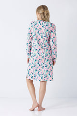 Damen nachthemd 105 cm klima komfort rosa mit langärmel und blattmuster in blau und türkis