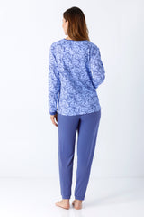 Damen schlafanzug mit bündchen klima komfort das original blau floral gemustert langarmshirt und einfarbige hose