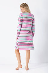 Damen nachthemd 100 cm klima-soft® mit langen ärmeln und rosa mintgrünen und grauen streifen aus weichem material