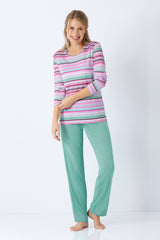 Damen schlafanzug Klima-Soft mit langärmeligem gestreiftem Oberteil in rosa, lavendel und mint sowie einfarbigen teal hosen