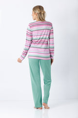 Damen schlafanzug klima-soft® mit pink-grün-grau gestreiftem langarmshirt und einfarbiger mintgrüner hose