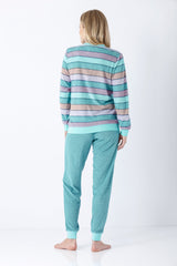 Damen schlafanzug mit bündchen klima-frottee langärmeliges pajamaoberteil mit horizontalen streifen in teal lavendel und beige
