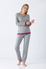 Damen schlafanzug mit bündchen klima-light® langärmeliges oberteil in grau und magenta gestreift mit rippenbündchen