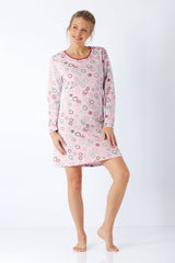 Damen sleepshirt 95 cm klima-light® in rosa mit langärmeligem design und buntem kreismuster in grün, lila und schwarz