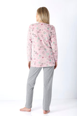 Rosa langärmliges damen schlafanzug klima-light mit buntem kreismuster in pink, türkis und braun