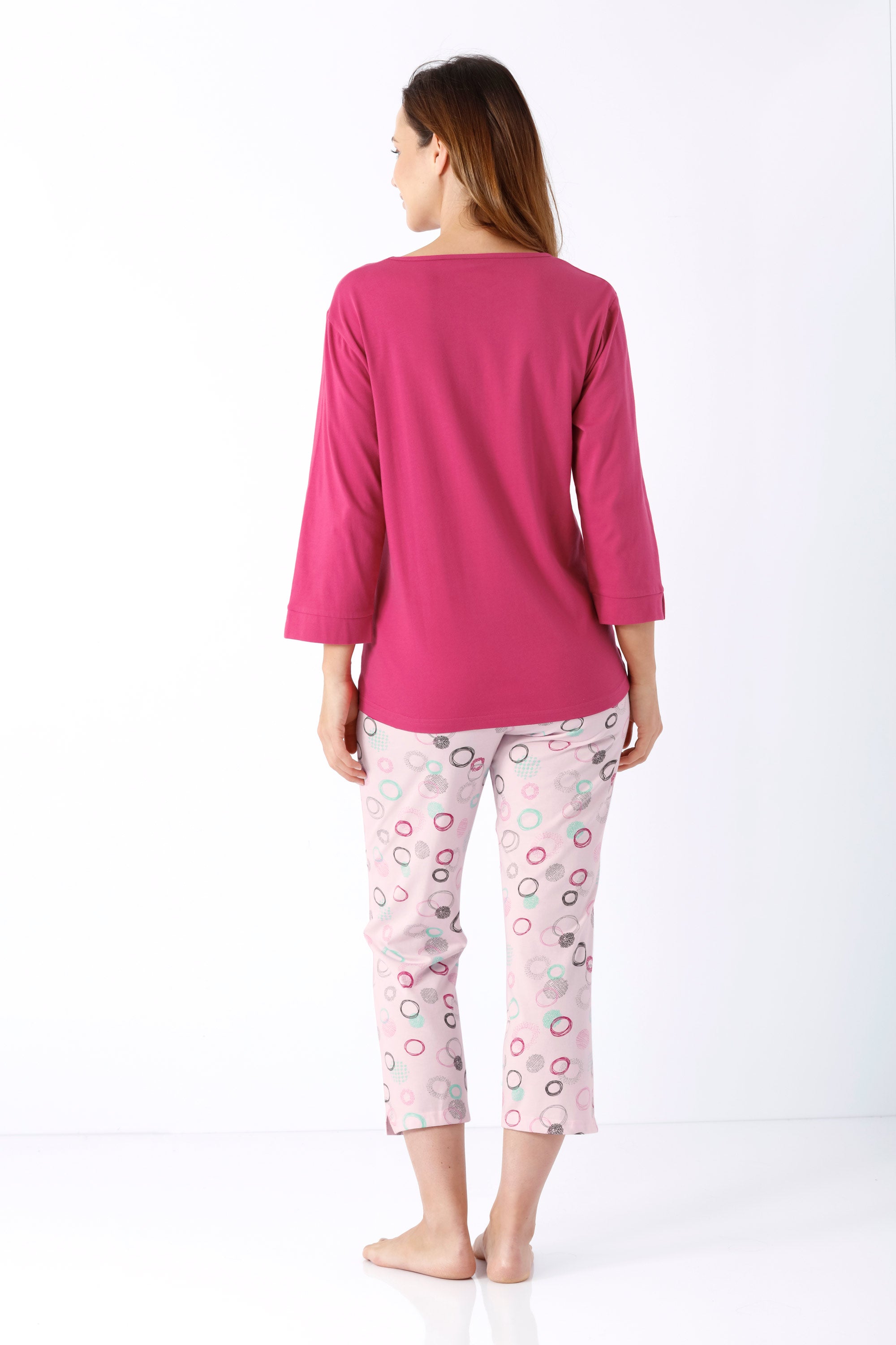 Damen schlafanzug 7/8 klima-light rosa langarmshirt mit weichem, glattem stoff und rundhalsausschnitt